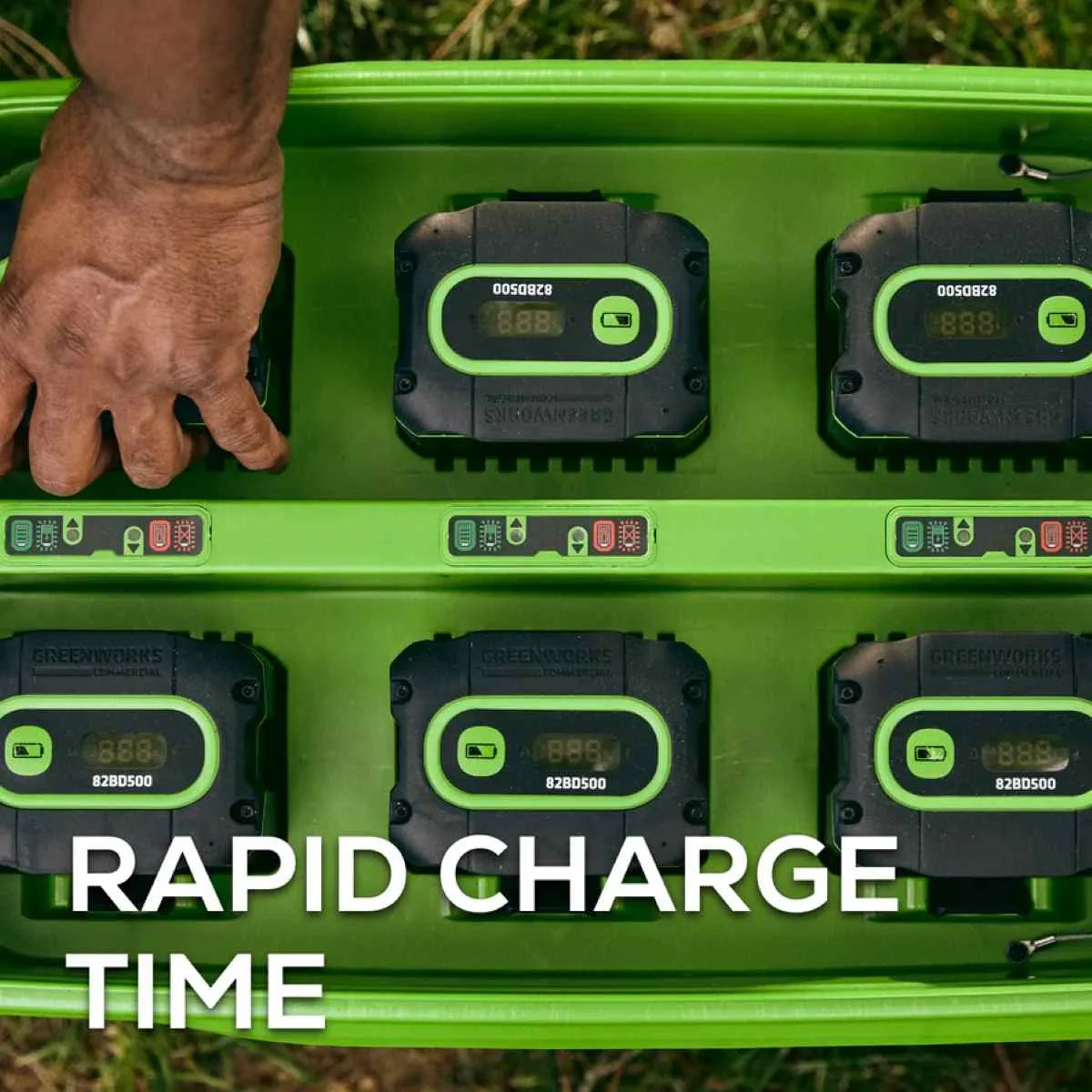 Greenworks 82V Six Port Charger with Six 4Ah Batteries Rapid Charge Time