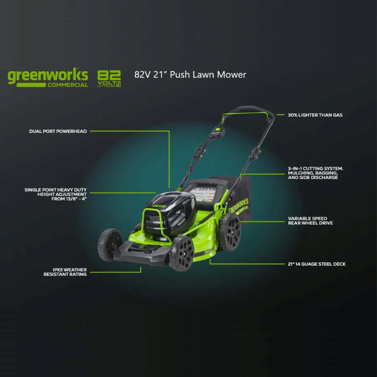 Greenworks 21" Brushless Push Mower with 5AH Battery & 8A Dual Port Charger Specs