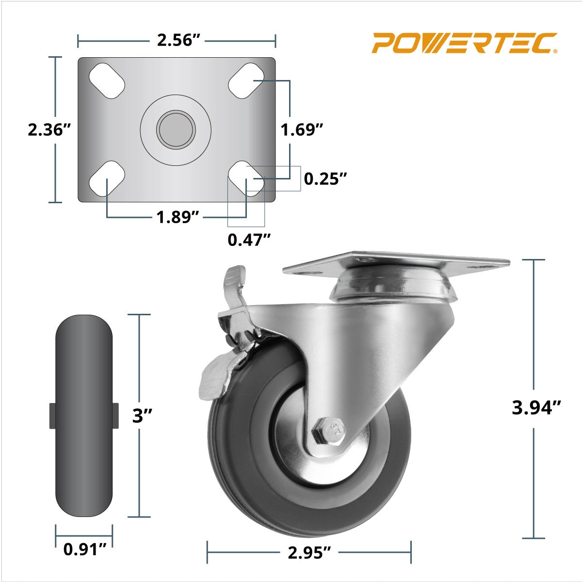 Powertec 3" Dual Locking Swivel Caster Wheels Set Specs