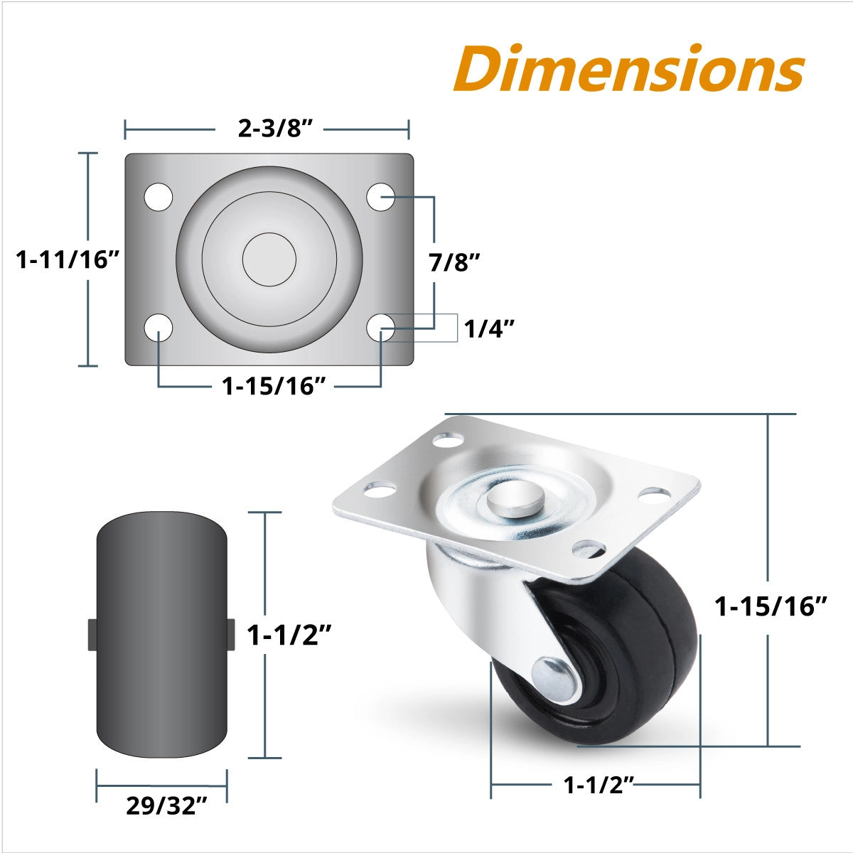 Powertec Rubber Swivel Caster Wheels Set Specs