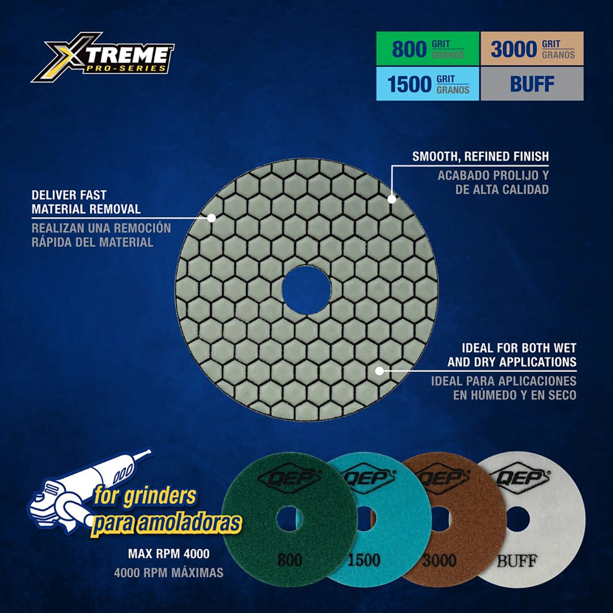 QEP 4" Dry Polishing Pad 4pc Set for Grinders