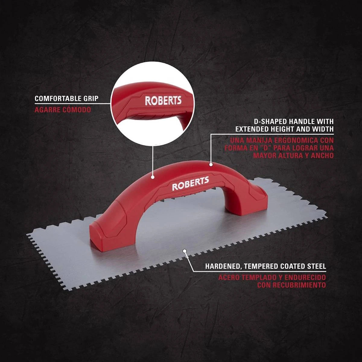 Roberts D-Handle trowel featuring a 1/4" x 3/16" tiger tooth V-notch and a flat-top design for precise application.