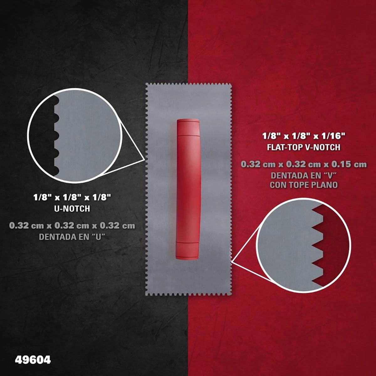 Roberts D-Handle trowel with flat-top and U-shaped notches for precise tiling and flooring applications.