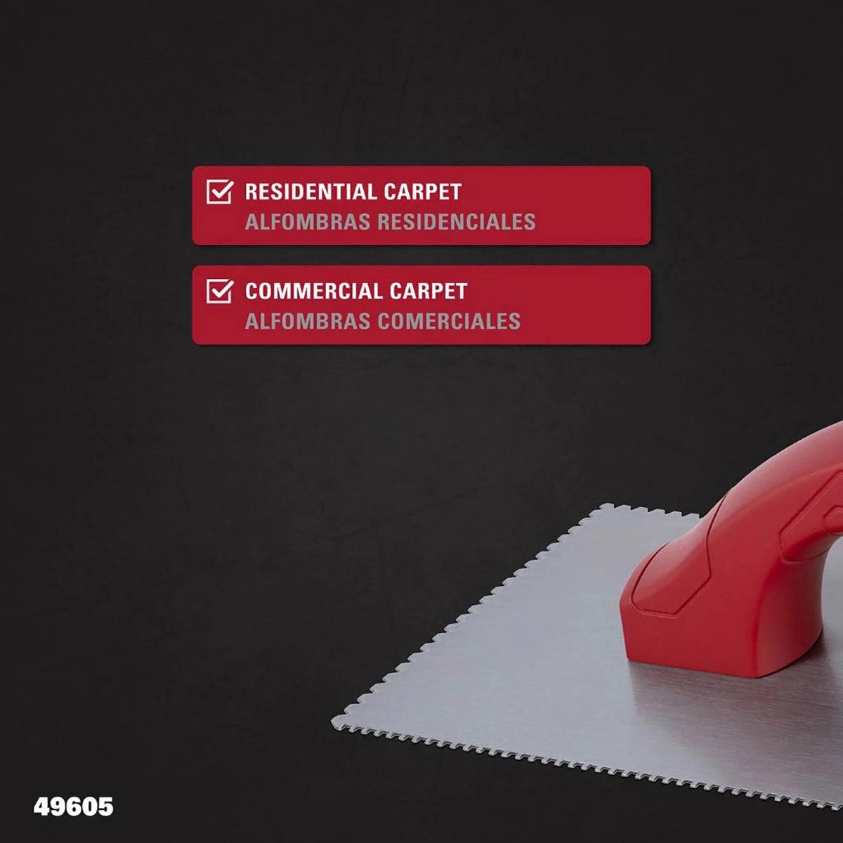 Roberts D-Handle trowels featuring 1/16" and 3/32" square and flat-top designs for precise application.