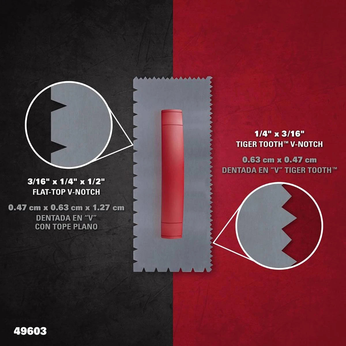Roberts D-Handle trowel featuring a 1/4" x 3/16" tiger tooth V-notch and flat-top design for precise application.