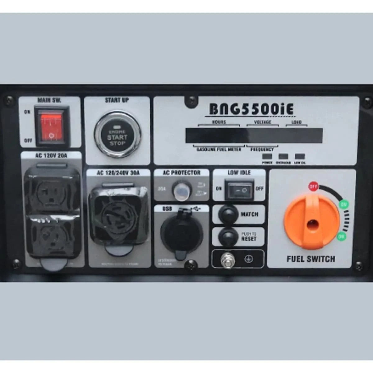 fuel gauge, low oil indicator, power overload display