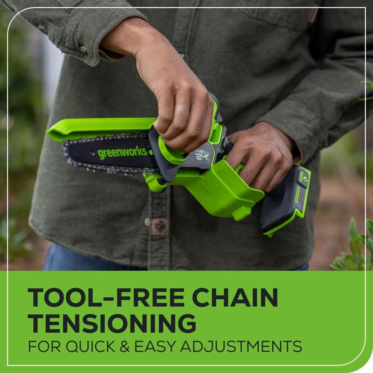 Greenworks 24V 2Ah Pruner Mini Saw Kit Tool-Free Chain Tensioning