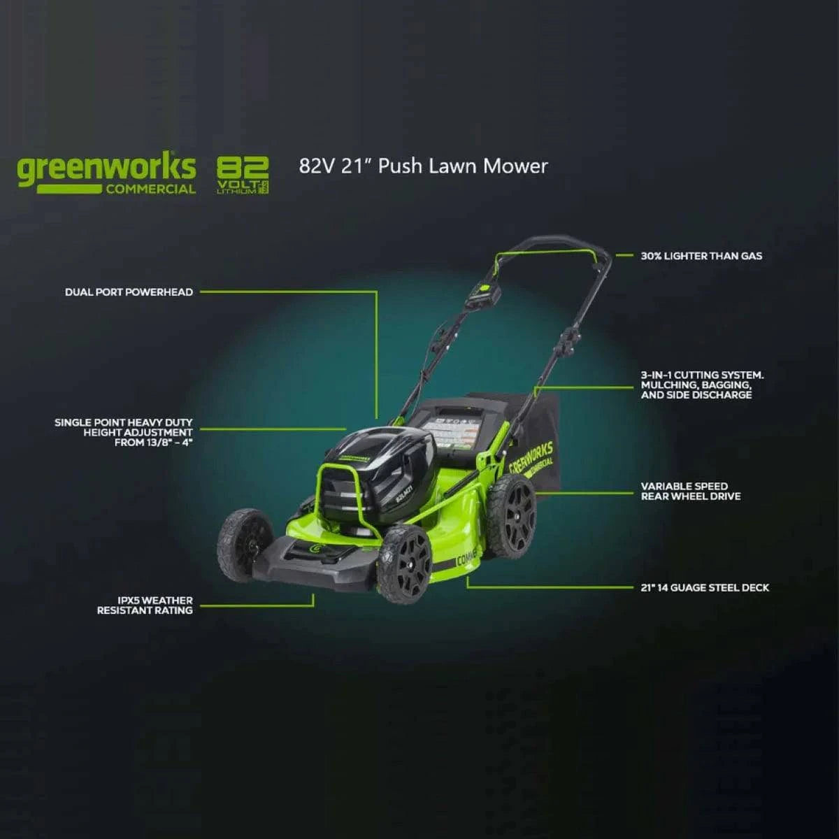Greenworks 82V 21’’ Brushless Self-Propelled Mower Tool-Only specs