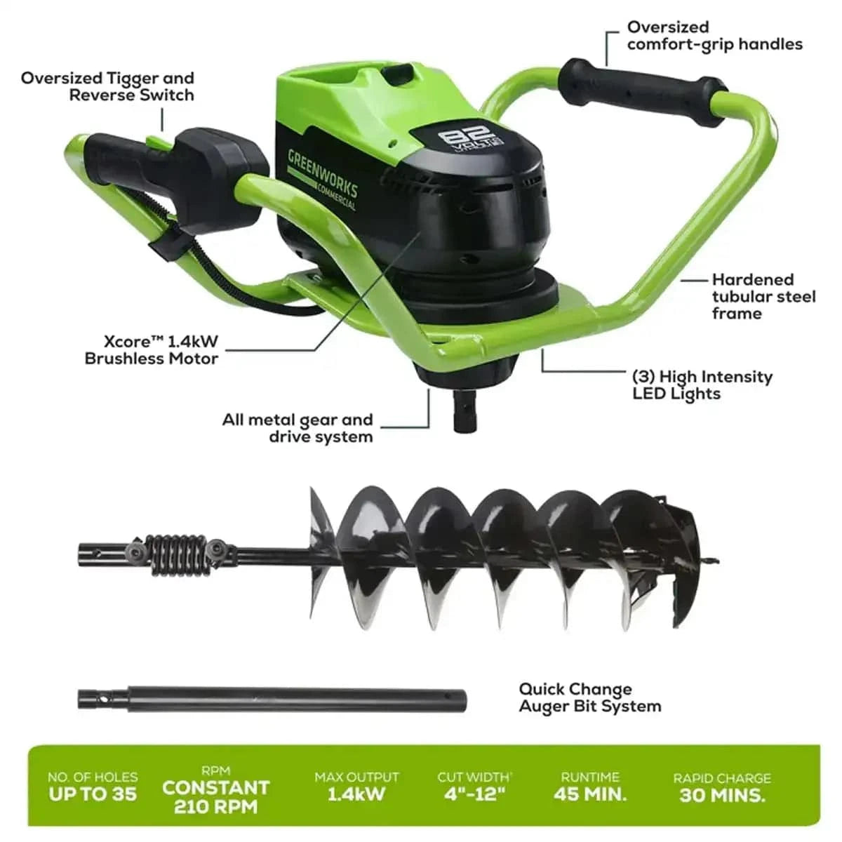 Greenworks 82V Earth Auger Kit with 4Ah Battery and 8A Dual Port Charger Specs