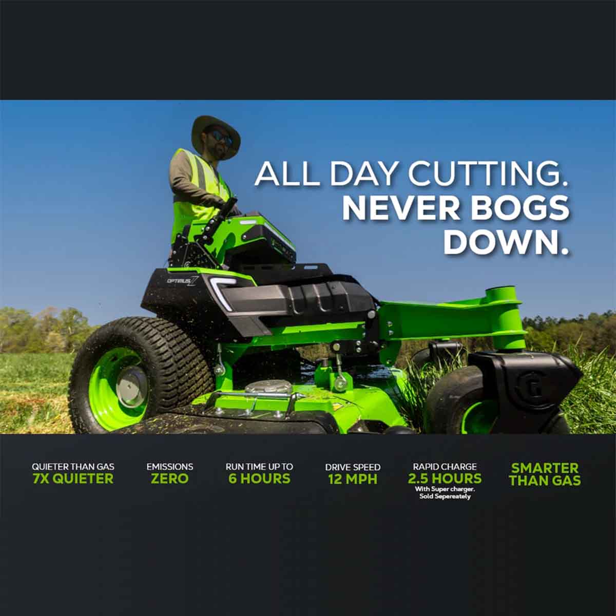 Greenworks 48" Optimus Stand On ZTR 18kWh Battery Performance Specs