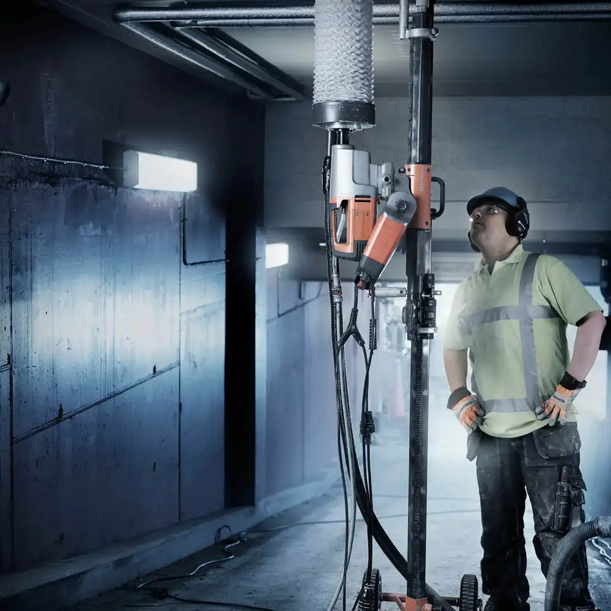 husqvarna ad10 auto drilling concrete ceiling mounted on ds 50 modular core drill stand