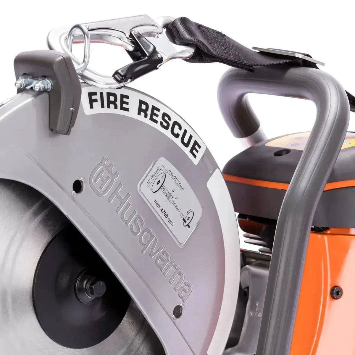 967809101 Husqvarna K770 Rescue 12" Power Cutter Magnesium blade guard is designed to be visible in smoke and water spray