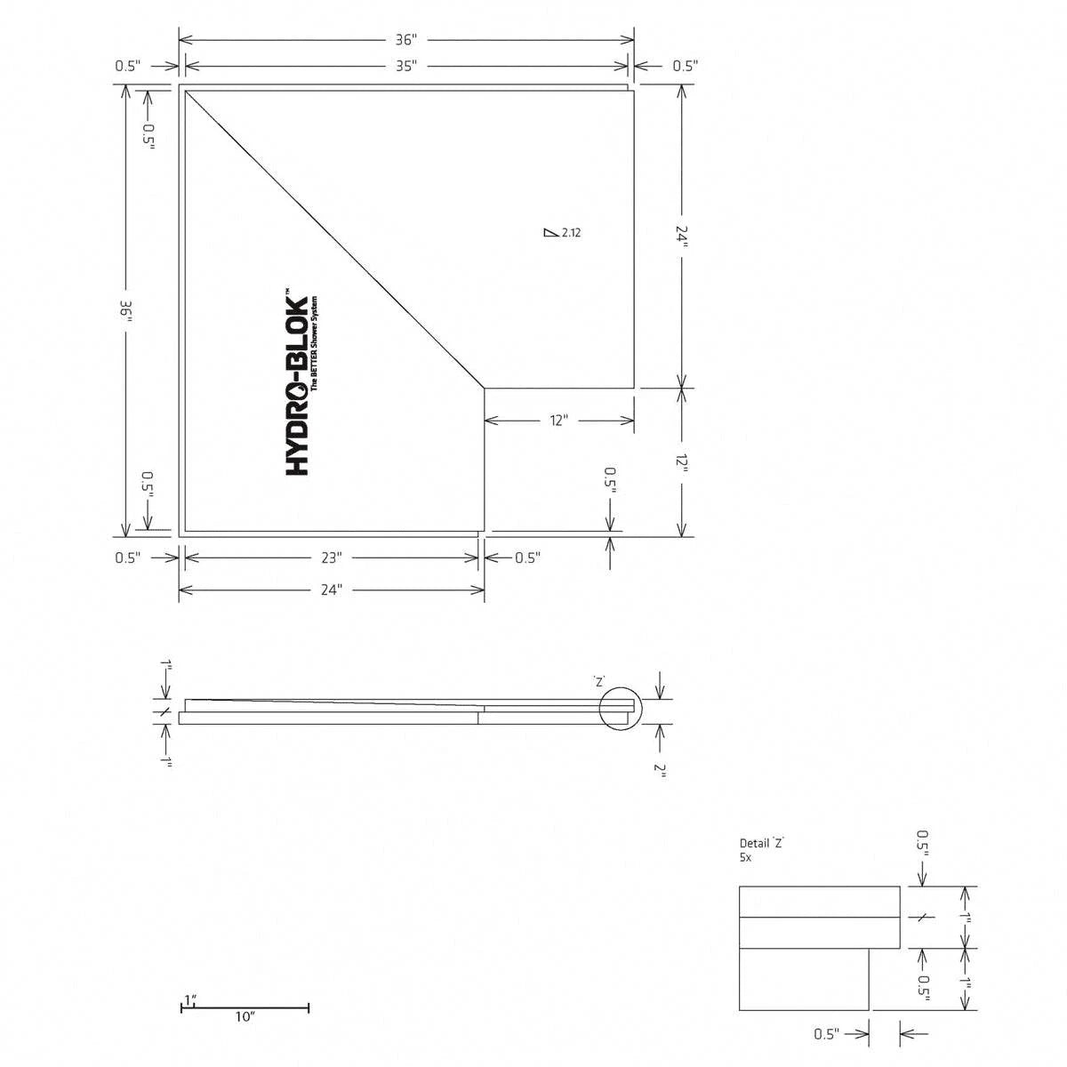 Hydro-Blok Classic Shower Presloped 36" x 36" Corner Pan Extension technical drawing
