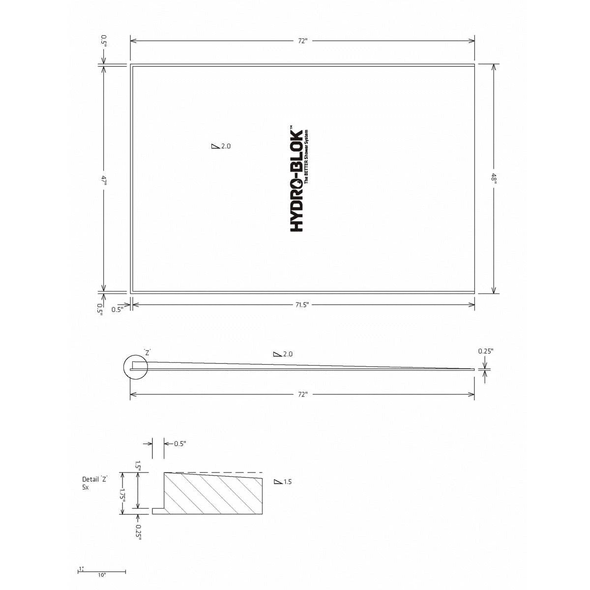 Hydro-Blok Thin Single Slope 48" x 72" Shower Pan technical drawing