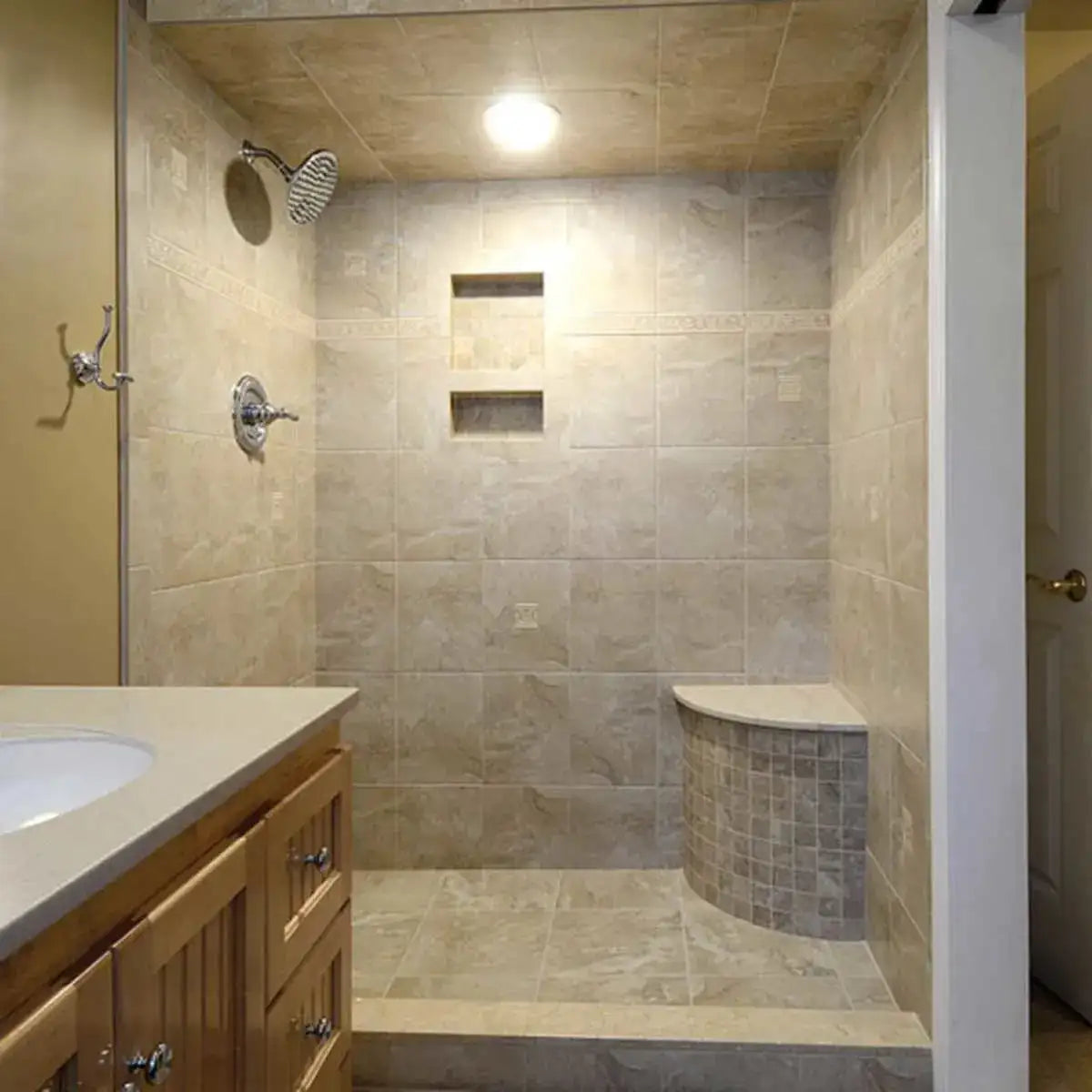 Laticrete Convex Shower Bench Installed