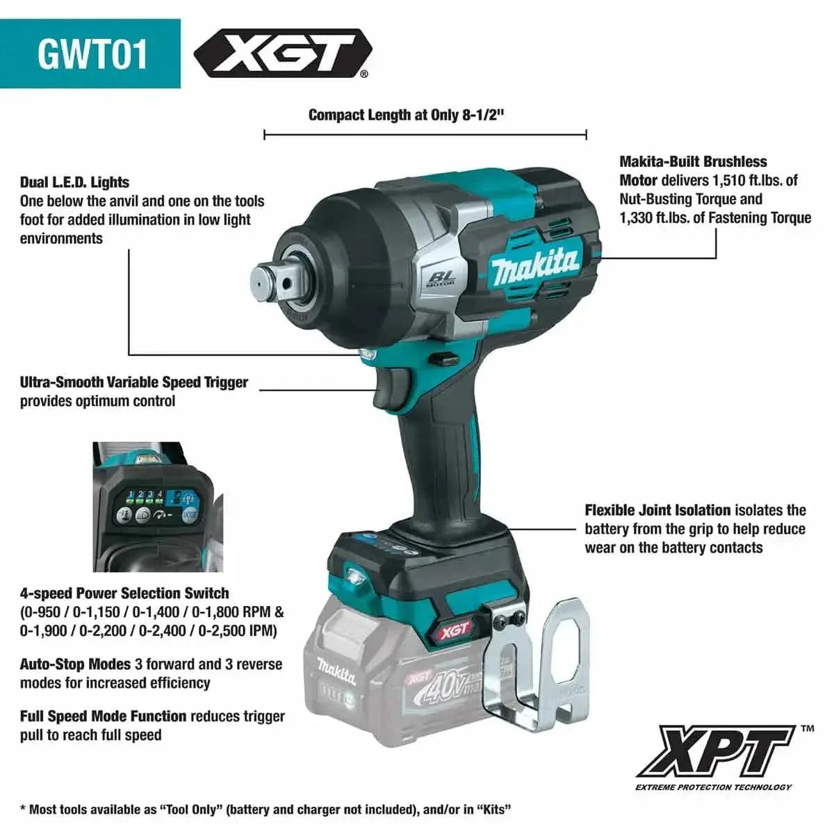 Makita 40V max XGT Brushless Cordless Drive Impact Wrench Features