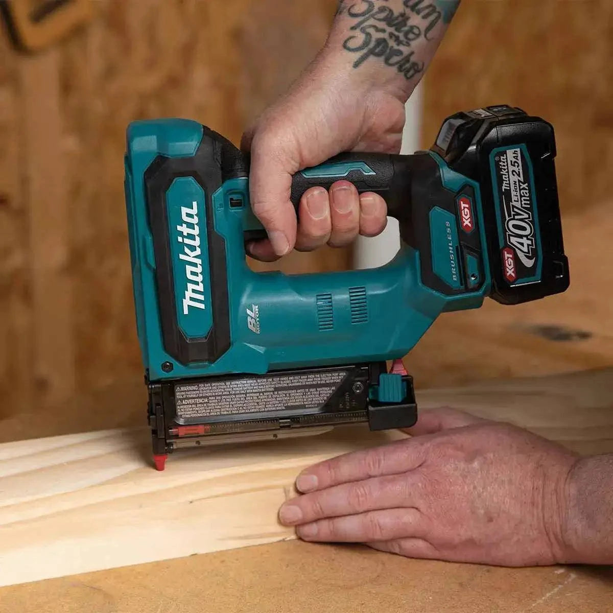 GTP01D1 40V max XGT Brushless Cordless Pin Nailer in Use