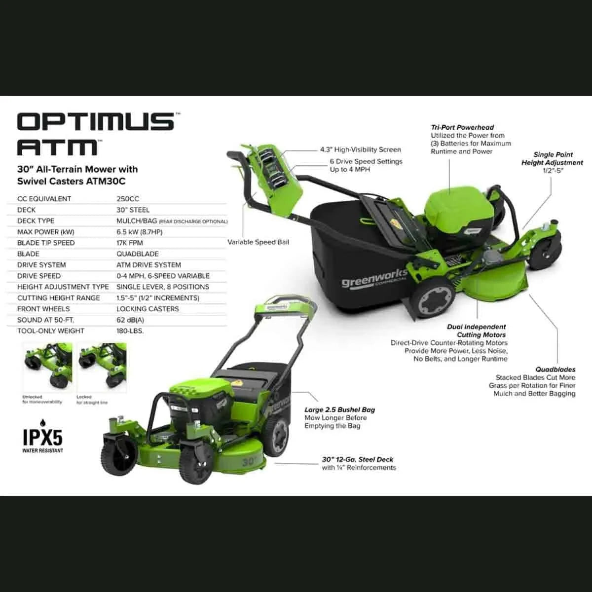 Optimus 30" All-Terrain Caster Wheel Mower Tool Only Specs