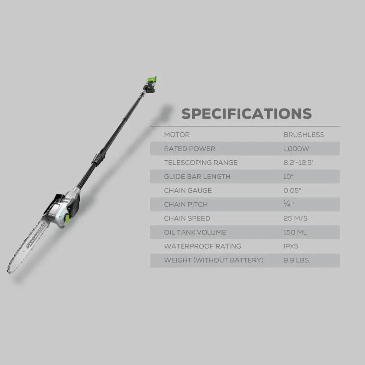 Optimus 82V 10" Polesaw with Carbon Fiber Shaft Kit Specifications