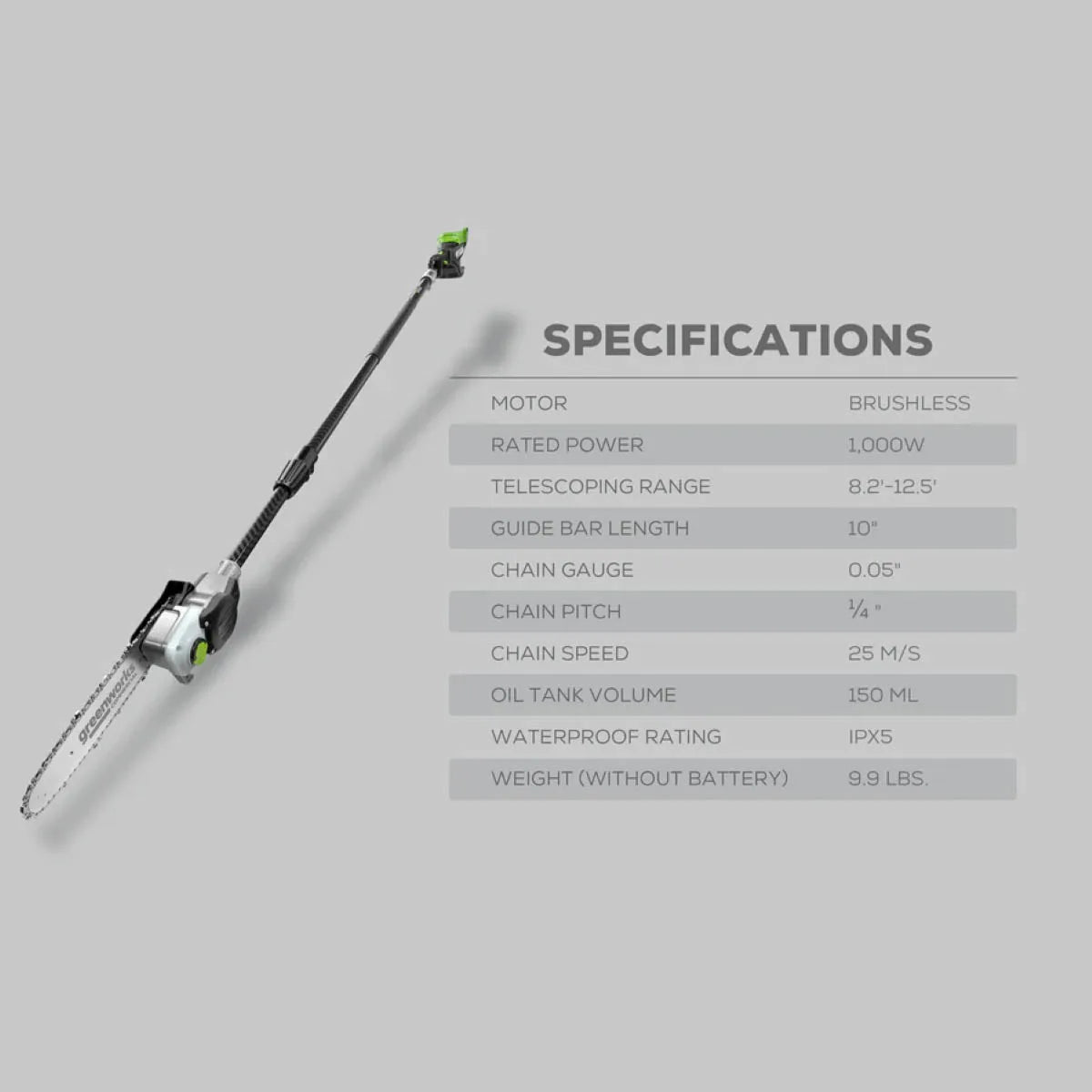 Optimus 82V 10" Polesaw with Carbon Fiber Shaft Specs