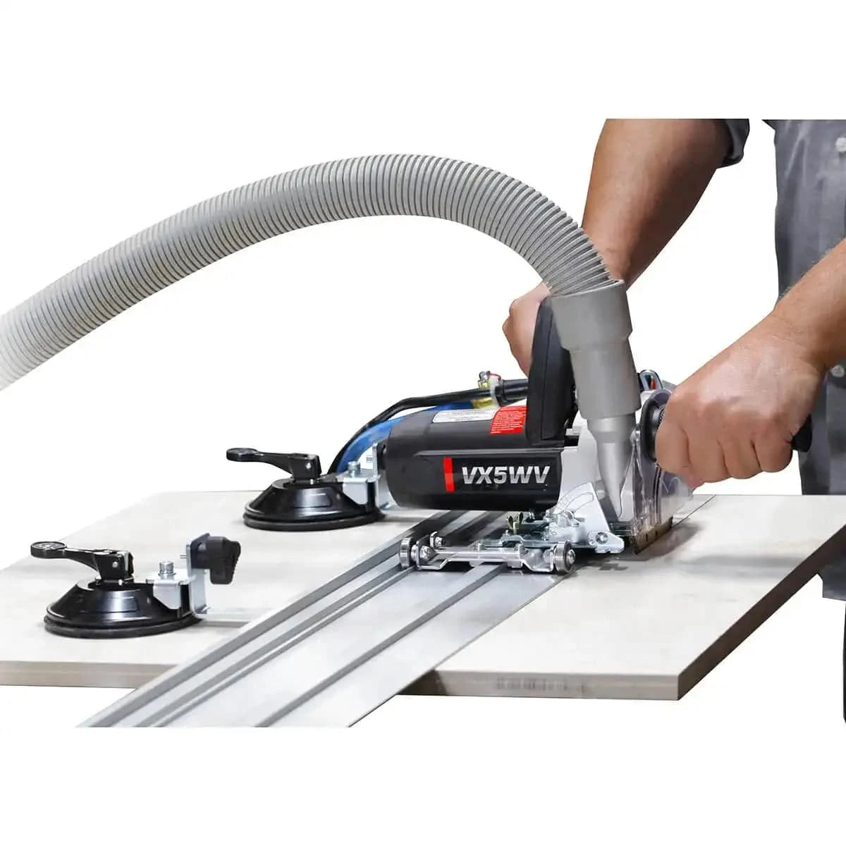 Pearl Rail for VX5WV saw held down by suction cup to cut large format tile