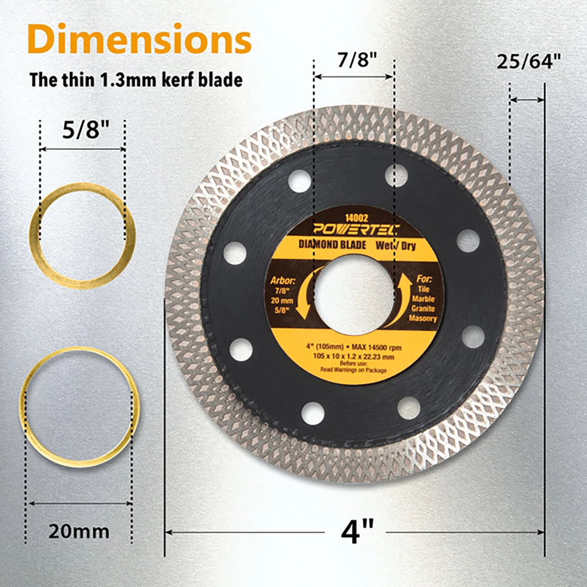 Powertec 4" Diamond Saw Blade for Handheld Grinders Dimensions