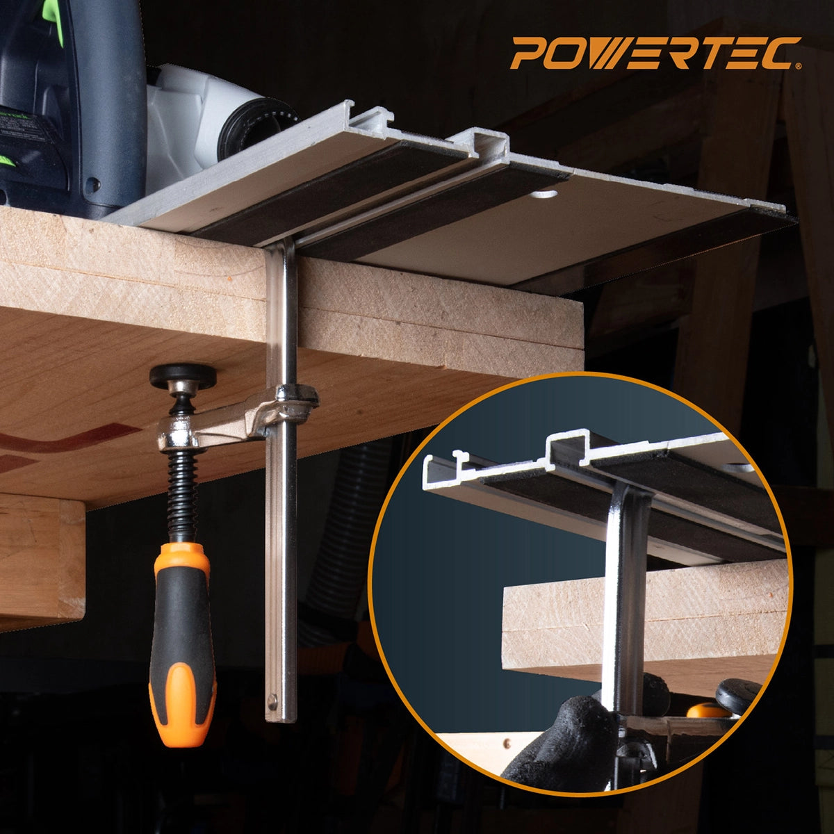 Powertec Quick Screw Guide Rail Clamp 5-3/8" x 2-3/8" In Use