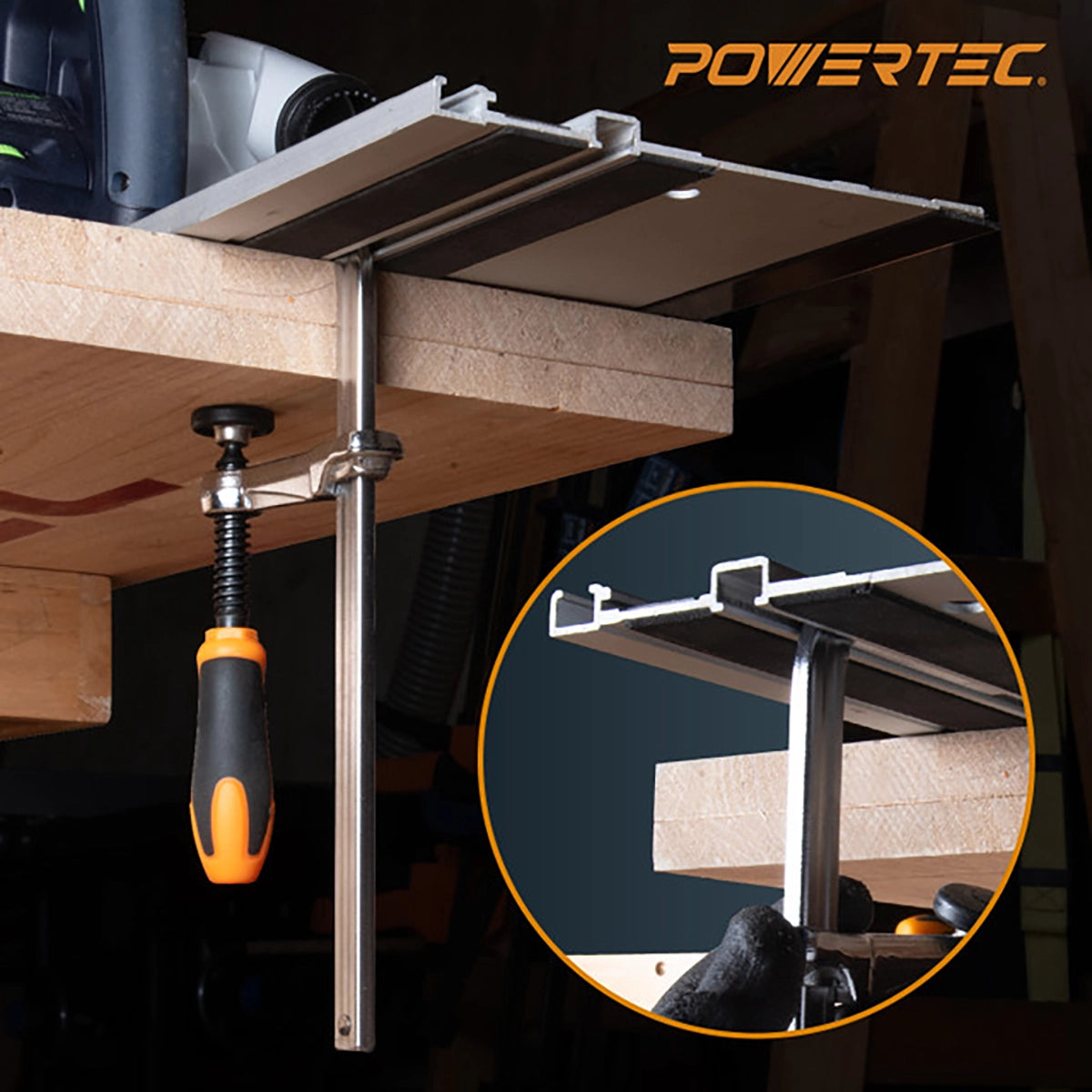 Powertec Quick Screw Guide Rail Clamps 7" x 2-3/8" In Use
