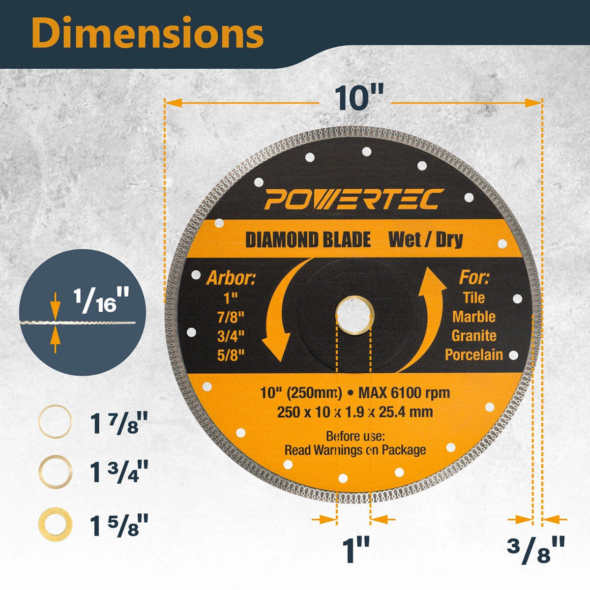 Powertec 10" Super Thin Diamond Blade Specs