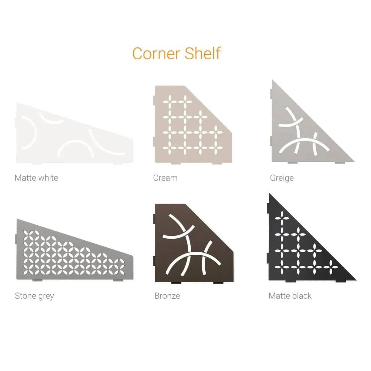 Schluter SHELF-E Shower Shelves matte black, matte white, stone grey, greige, cream, and bronze