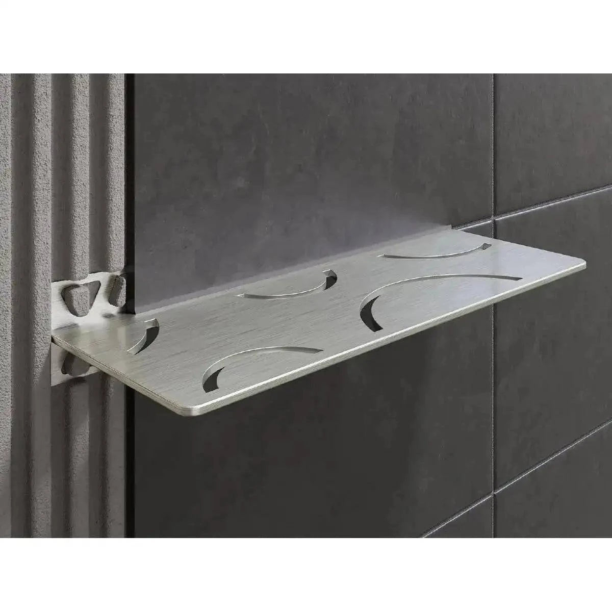 Schluter system SHELF-W is a rectangular shelf with two trapezoid-perforated anchoring legs for installation on walls in conjunction behind the tile